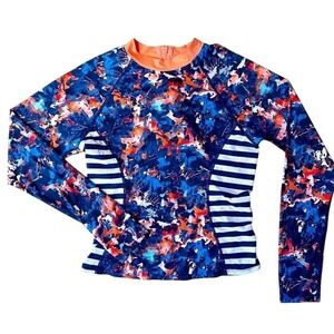 Tart Swim Womens Abstract Floral Striped Rash Guard Blue Orange Size M